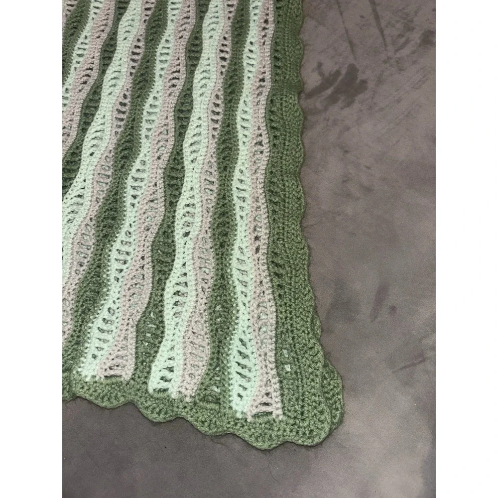Vintage Afghan Baby Throw Crochet Stripes Green Lavender Wavy Scalloped Trim